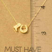 Load image into Gallery viewer, Gold Dipped Cowboy Boots Horse Shoe Charm Necklace
