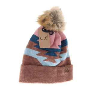 Aztec Natural Faux Fur Pom Beanie