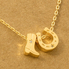 Load image into Gallery viewer, Gold Dipped Cowboy Boots Horse Shoe Charm Necklace

