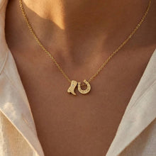 Load image into Gallery viewer, Gold Dipped Cowboy Boots Horse Shoe Charm Necklace
