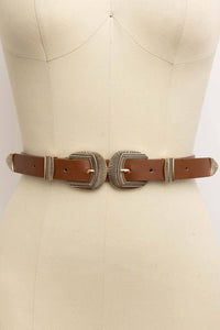 Double Buckle Faux Leather Western Style Belt: Camel